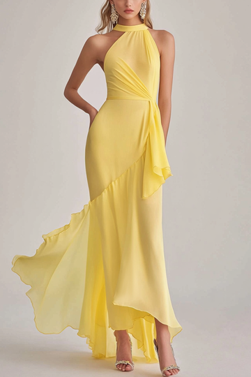 Lys Gul Halterneck Havfrue Chiffon Lang Brudegjest Kjole